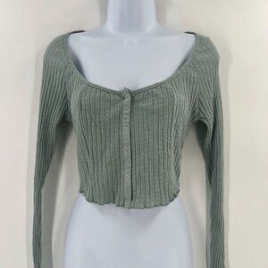 Urban Outfitters Women Size M Ribbed Cropped Green Snap Long Sleeve Top